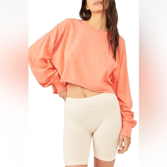 NWT Free People Denver Crop Tee Orange Coral Pullover Long Sleeve Top Size Small - Picture 1 of 9